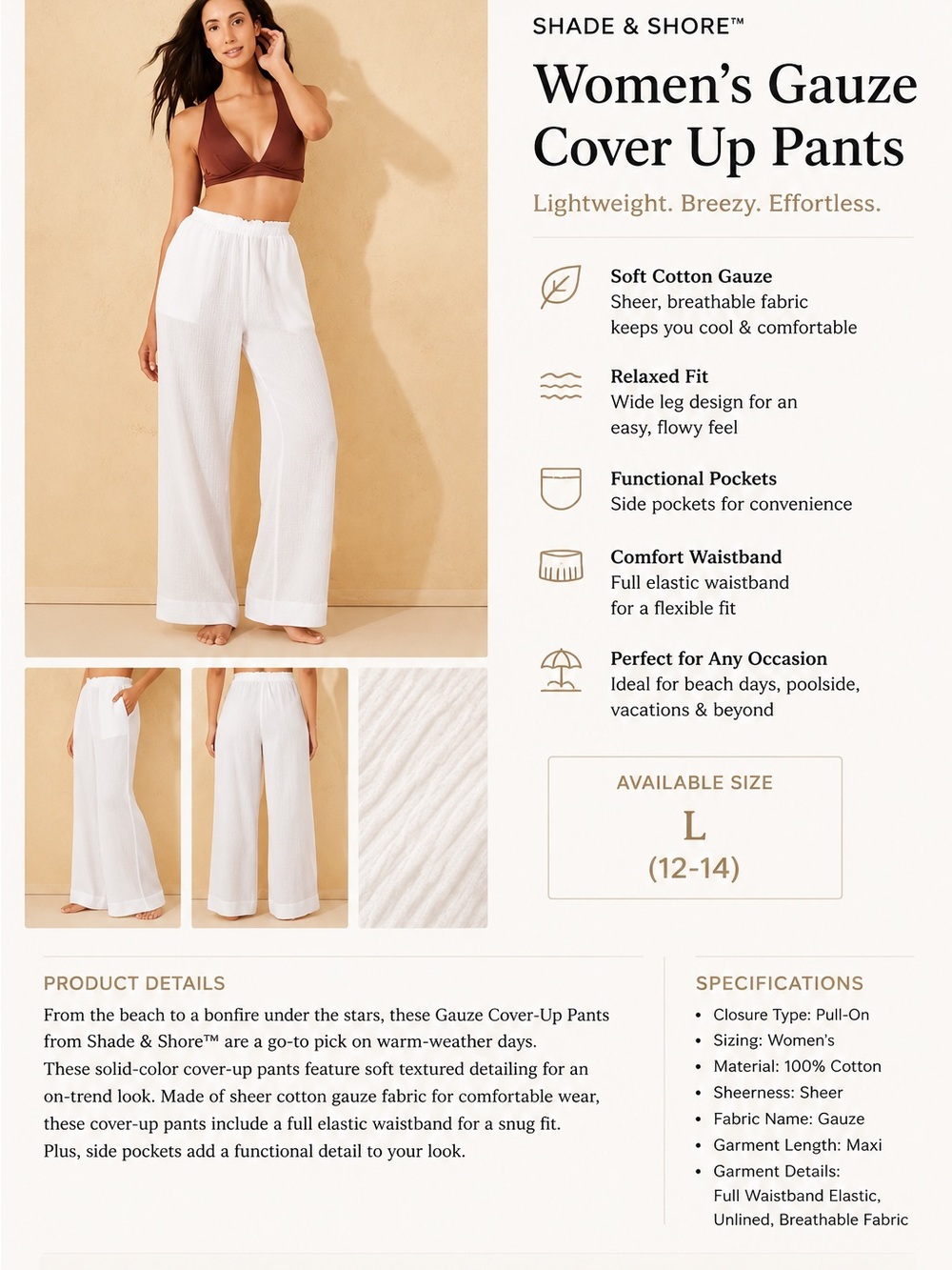 Shade & Shore Women's Gauze Cover Up Pants - White